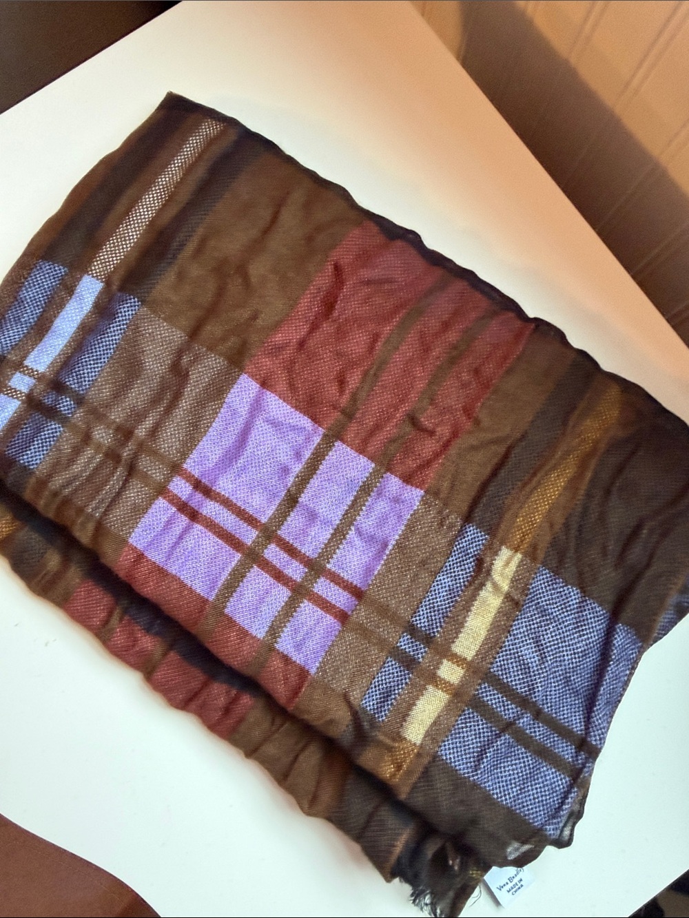 Vera Bradley Plaid Fringe Scarf in Brown, Purple, Blue - Picture 5 of 7